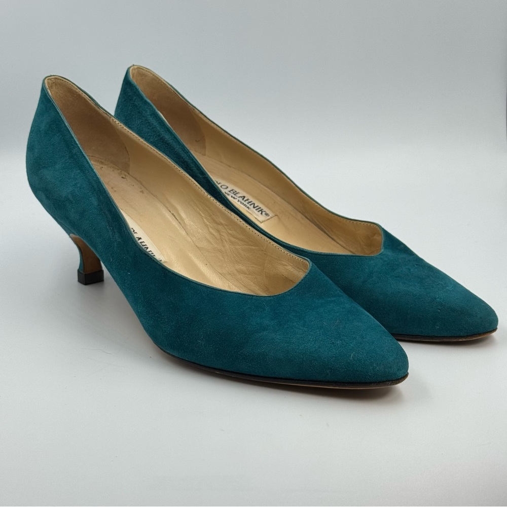 Manolo Blahnik Suede Teal Heels Size 38